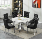 45 inch White Marble Round Dining Table for 4 to 6, Modern Round Dining Table with Faux Marble Top & Silver Stainless Steel Y Base, Luxury Marble Kitchen Dining Room Table for Dinette Party Gathering