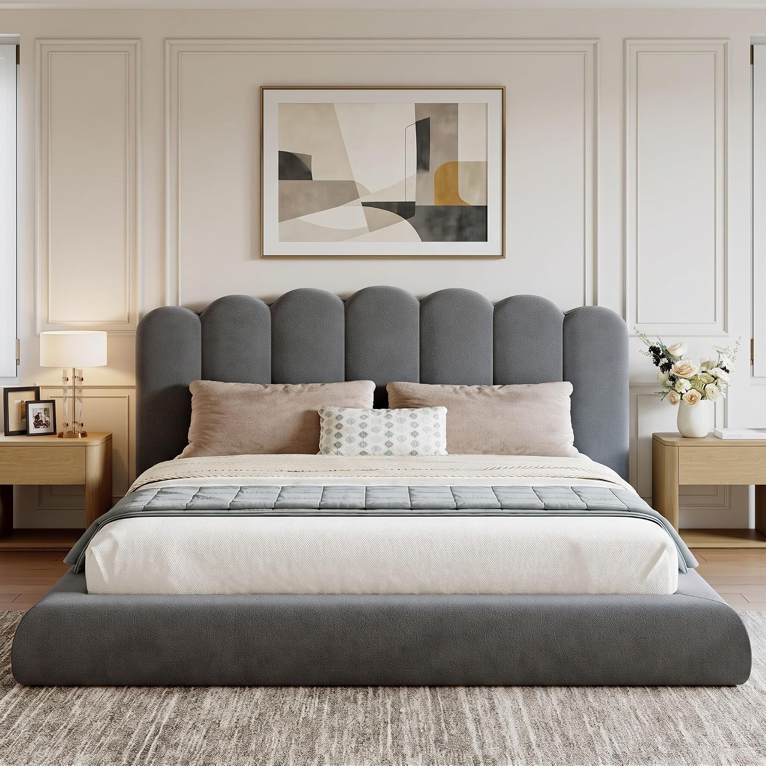 King Size Cloud Bed Frame with Headboard, Upholstered Platform Bed with Velvet Finish, Sturdy Metal Slat Support, Noise-Free, No Box Spring Needed, Grey
