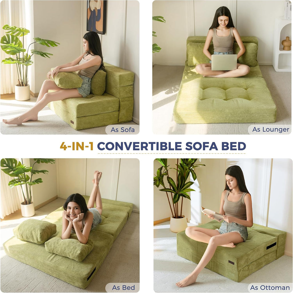 MAXYOYO Convertible Sofa Bed, Fold Out Loveseat Sofa Couch with Pillow, 4 in 1 Tufted Folding Couch Bed Foam Floor Couch, Lazy Chair for Living Room Bedroom Guest Room, Green