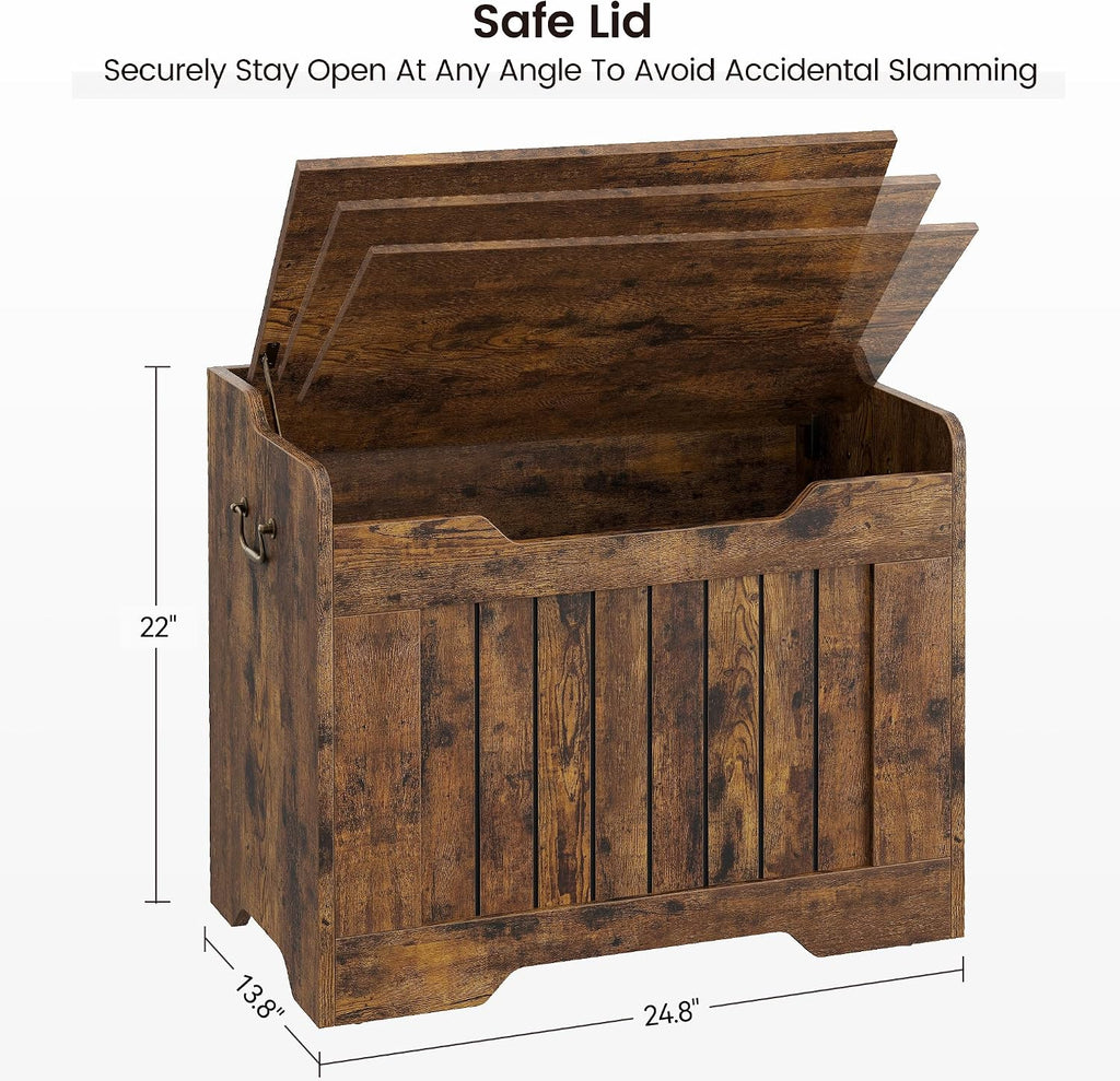 Garvee Storage Chest, Wooden Storage Bench with Safety Hinge, Flip Top Blanket Chest Trunks, Supports 350 Lb, for Entryway, Living Room, Bedroom (Rustic Brown, 24.8" L x 14" W x 22" H)