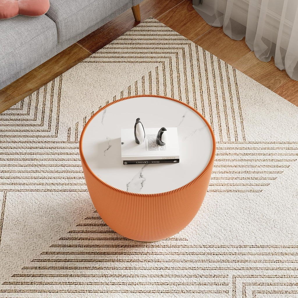 Modern Bowl-Shape End Table with Marbled Top, 19.69" Round Sofa Side Table with PU Leather Metal Base, Otange Center Table Cocktail Table, Small Accent Nightstand for Living Room