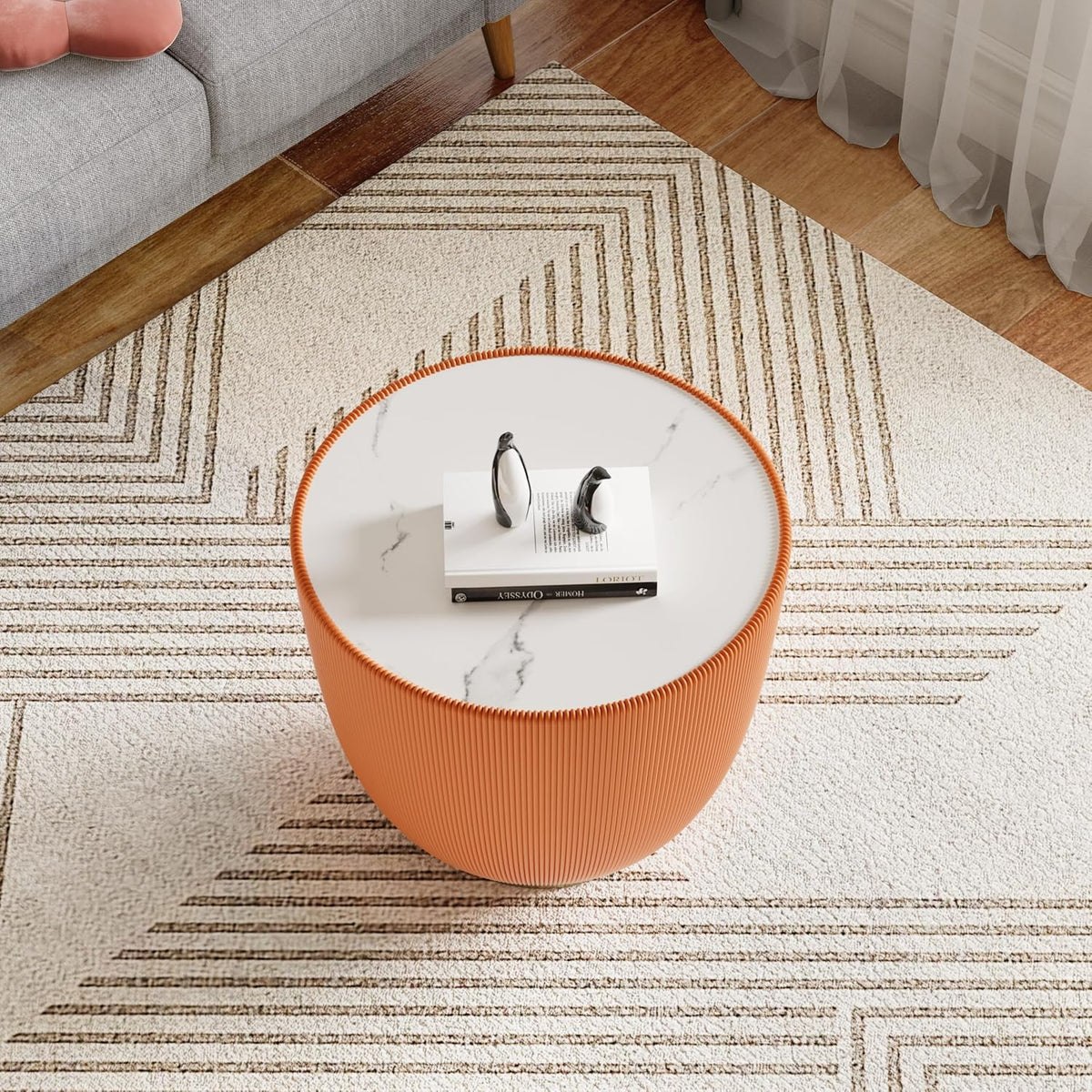 Modern Bowl-Shape End Table with Marbled Top, 19.69" Round Sofa Side Table with PU Leather Metal Base, Otange Center Table Cocktail Table, Small Accent Nightstand for Living Room