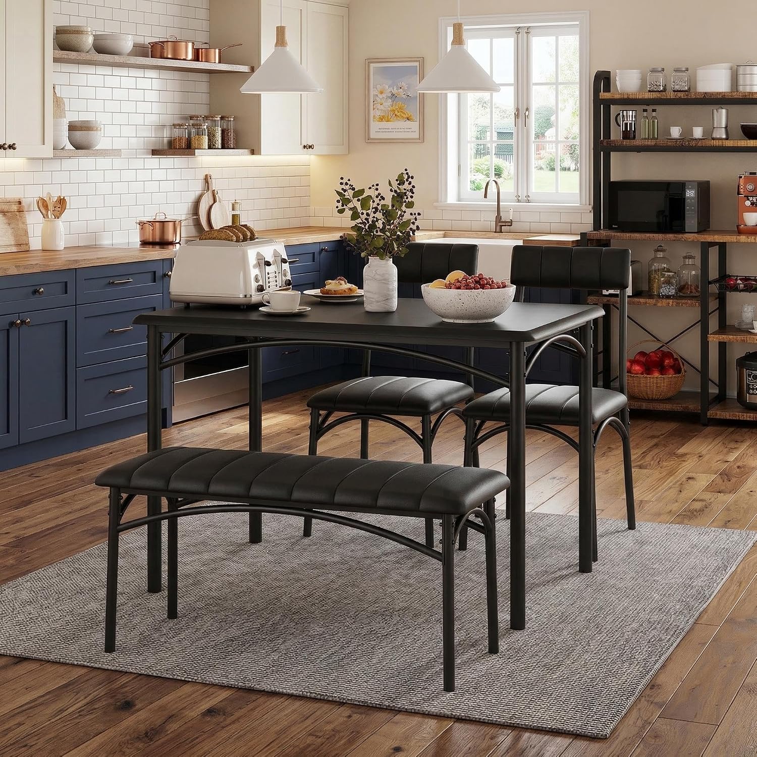 GarveeHome Dining Table Set for 4, Kitchen Table with Upholstered Chairs and Bench, Wood Rectangular Dining Table and Chairs Set for Small Space, Apartment, Dinner, Rustic Black