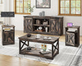 AMERLIFE 4 Piece Farmhouse Table Set with 66" TV Stand, Dark Oak | Coffee Table & 2 End Tables, TV Stand with Sliding Barn Door Design, Charging Station, USB Ports, Living Room Furniture