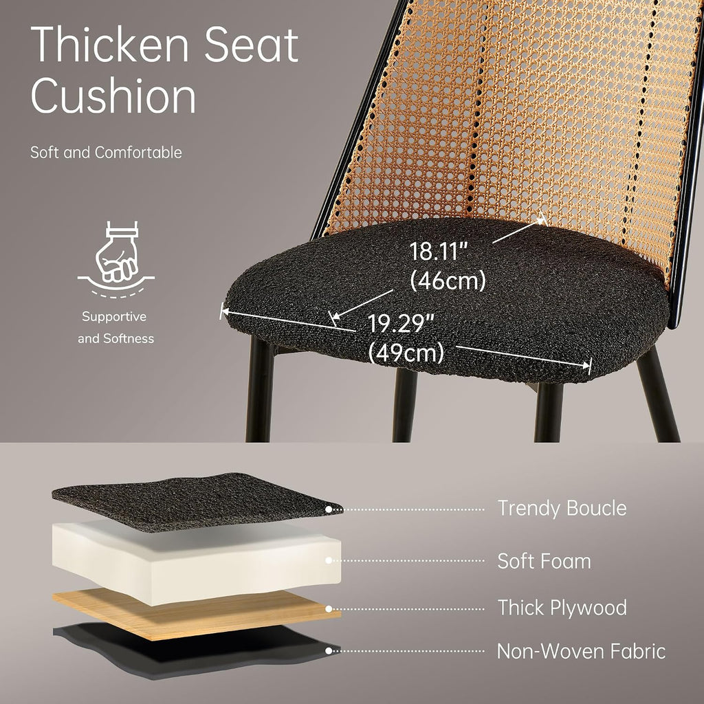 NORDICANA Rattan Dining Chairs Set of 2, Mid Century Kitchen Dining Room Side Chairs with Upholstered Cushion, Black