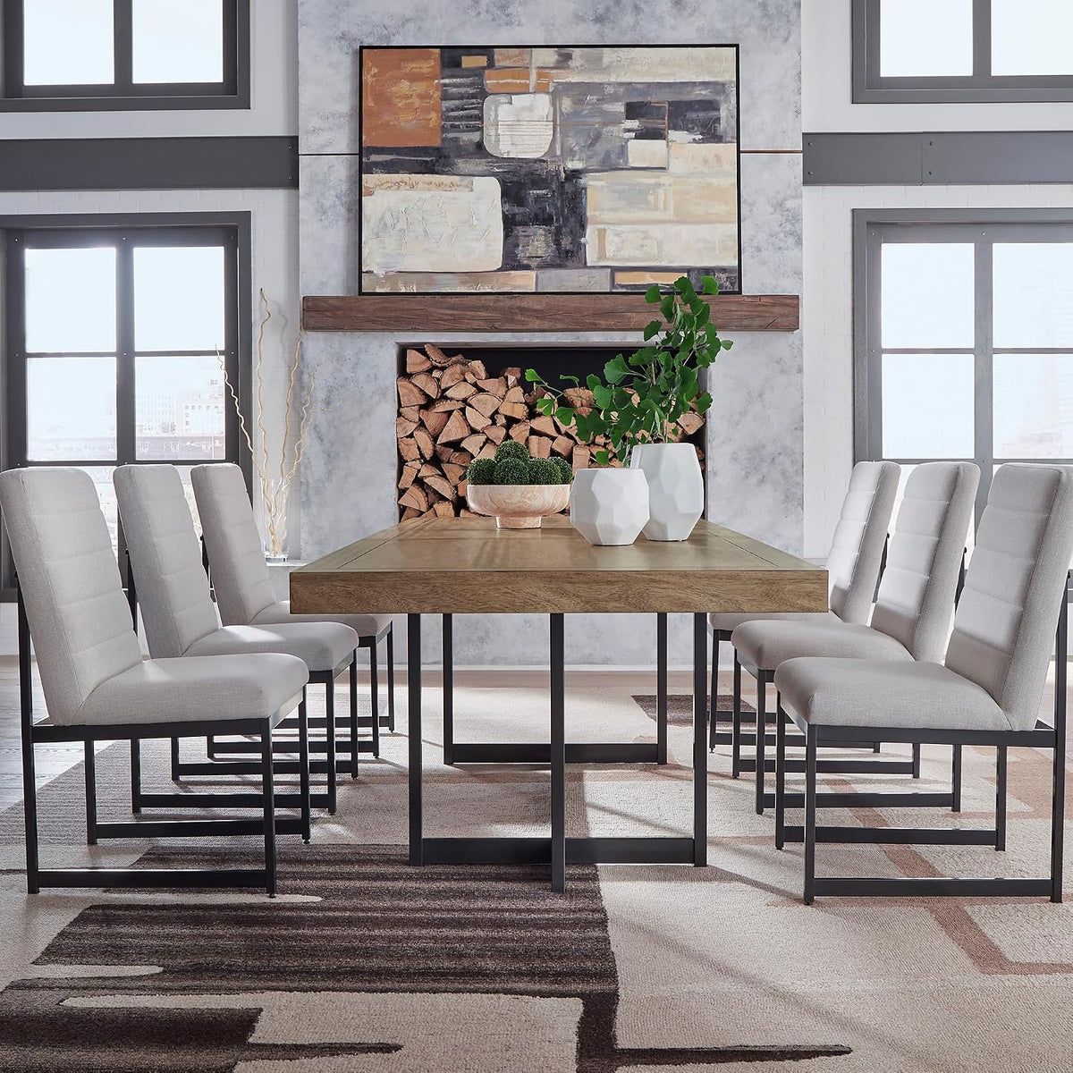 Signature Design by Ashley Tomtyn Dining Chair, Set of 2, Cushioned Polyester Side Chairs with Sturdy Metal Frame, Modern Urban Style for Kitchen or Dining Room, Light Beige & Gunmetal Gray