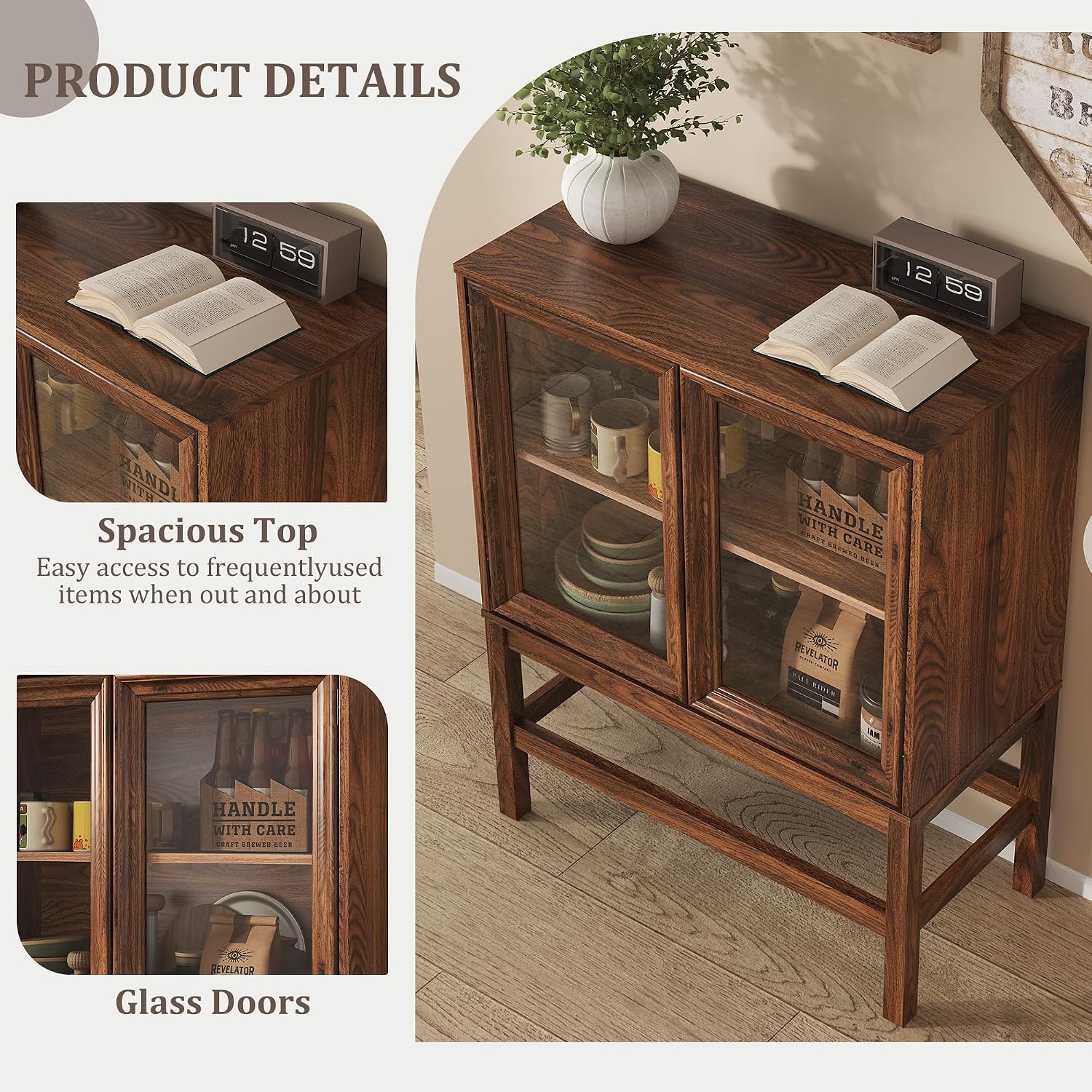 Sideboard Buffet Cabinet with Storage, Small Kitchen Coffee Wine Bar Cabinet with Glass Press-to-Open Doors, Wood Mid Century Modern Side Board Table for Dining Room, Living Room, Walnut