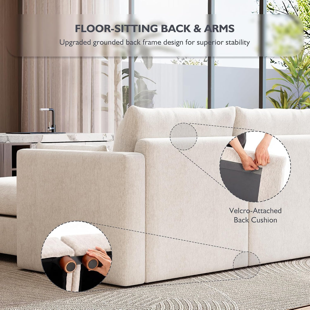 Ihanherry 117" Oversized Modular Sectional Sofa, Modern L Shaped Cloud Couch with Storage Ottoman, 4-Seat Comfy Chenille Deep Seat Sofa with 2 Pillows for Living Room, Beige