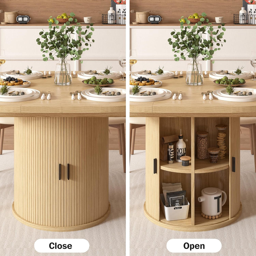 Vipbear Extendable Dining Table 43-59" for 4-6 People, Solid Wood Top with Fluted Slide Door & 8-Compartment Storage, Space Saving Round Dining Room Kitchen Dinner Tables Furniture with Pedestal Base