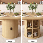 Vipbear Extendable Dining Table 43-59" for 4-6 People, Solid Wood Top with Fluted Slide Door & 8-Compartment Storage, Space Saving Round Dining Room Kitchen Dinner Tables Furniture with Pedestal Base