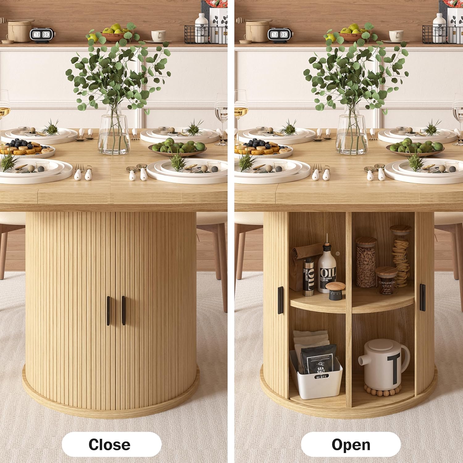 Vipbear Extendable Dining Table 43-59" for 4-6 People, Solid Wood Top with Fluted Slide Door & 8-Compartment Storage, Space Saving Round Dining Room Kitchen Dinner Tables Furniture with Pedestal Base