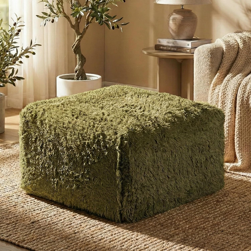 Furniture of America Havyn Modern Faux Fur 1-Seater Square Modular Foam Ottoman, Compressed Couch in a Box, No Assembly Required, for Living Room and Office, Olive Green