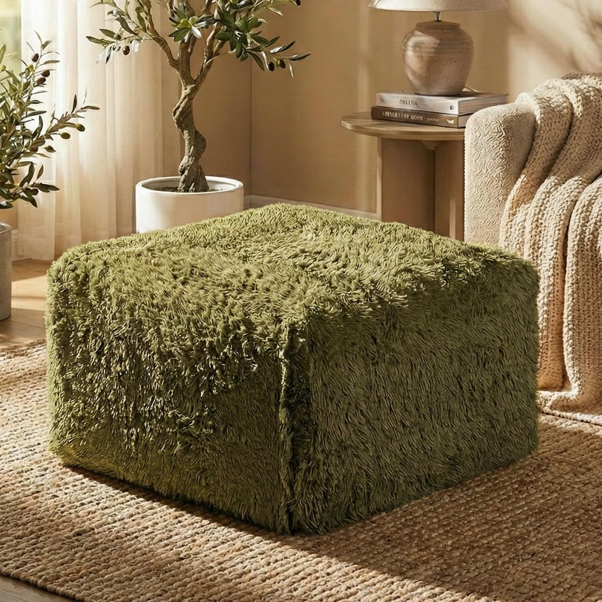 Furniture of America Havyn Modern Faux Fur 1-Seater Square Modular Foam Ottoman, Compressed Couch in a Box, No Assembly Required, for Living Room and Office, Olive Green