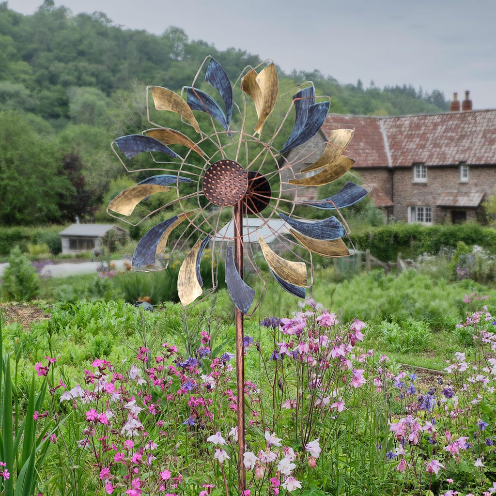 Sunnydaze Metallic Pinwheel Metal Garden Wind Spinner - Removable Pole Sections for Adjustable Height - Dual-Motion Blades - 84.5" H