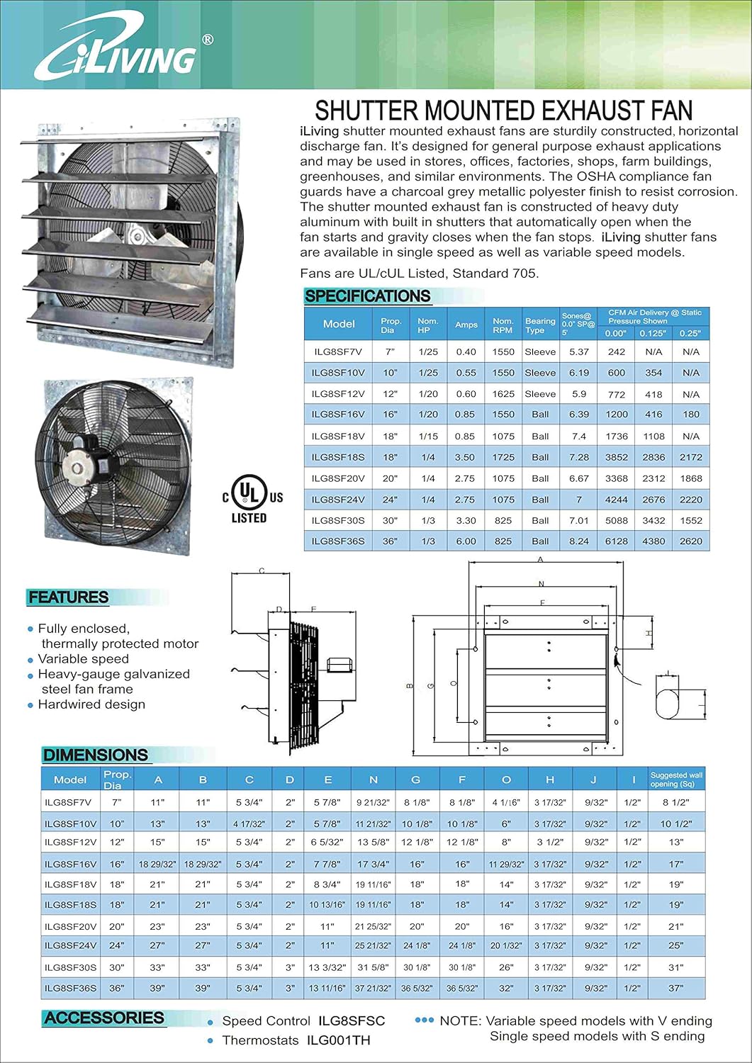 iLiving - 18" Wall Mounted Exhaust Fan - Automatic Shutter - Variable Speed - Vent Fan For Home Attic, Shed, or Garage Ventilation, 1736 CFM, 2600 SQF Coverage Area (Power Cord Not Included)