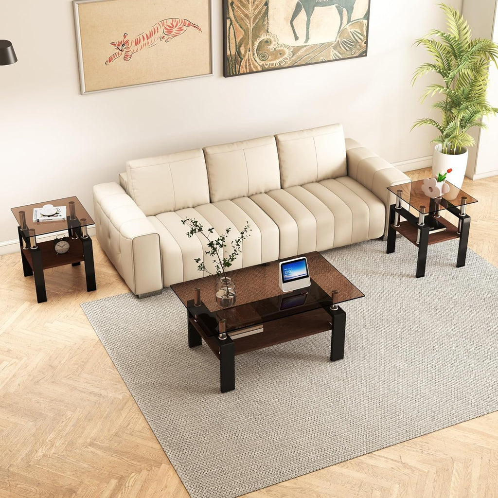 Brown Glass Coffee Table Sets of 3 for Living Room, 39" Mordern End Tables with Storage, Walnut Wooden Shelves & Black Metal Leg, Rectangle Center Table for Small Space Apartment
