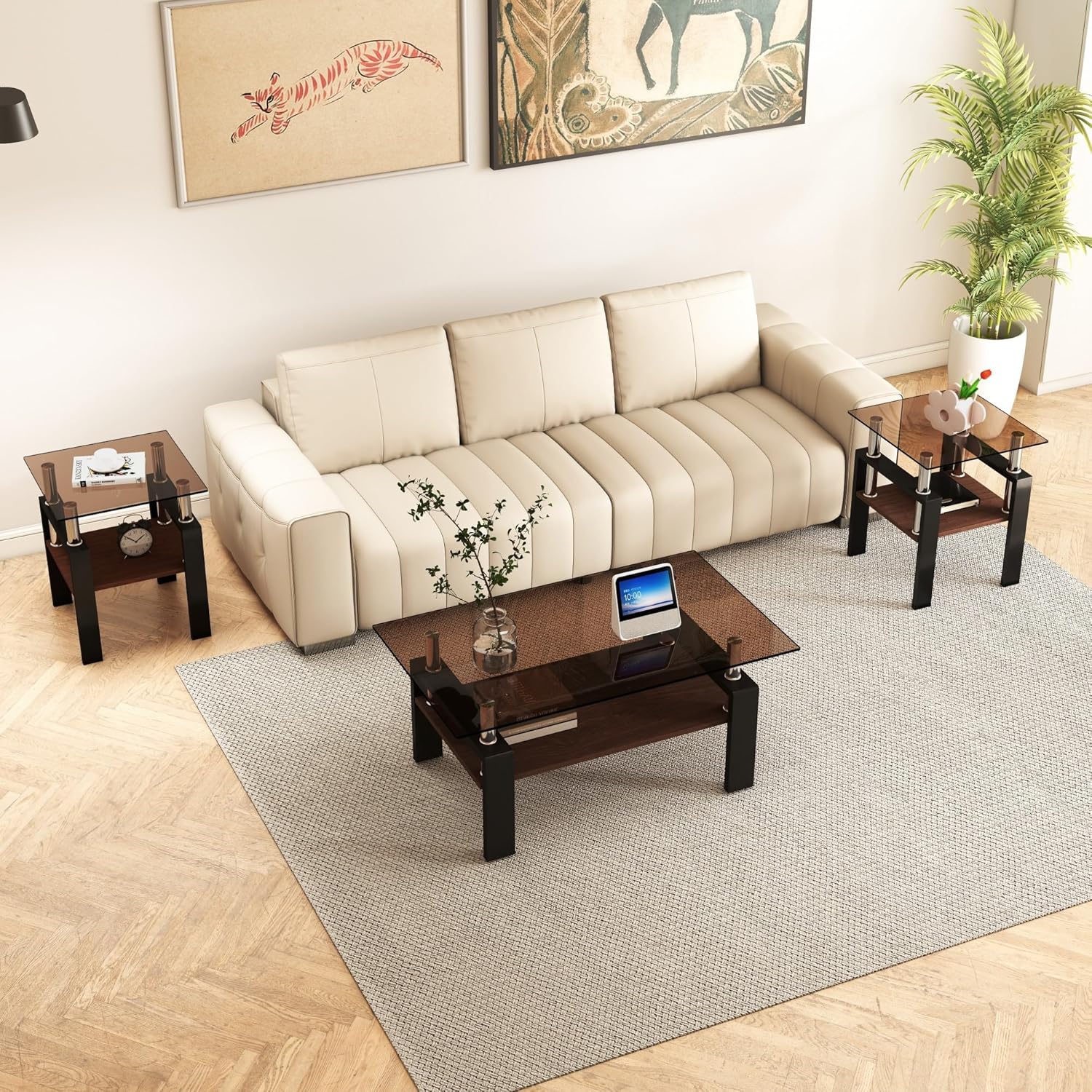 Brown Glass Coffee Table Sets of 3 for Living Room, 39" Mordern End Tables with Storage, Walnut Wooden Shelves & Black Metal Leg, Rectangle Center Table for Small Space Apartment
