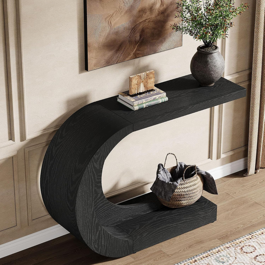 Tribesigns 43.3" Farmhouse Console Table for Entryway, Unique C-Shaped Rustic Sofa Table Behind Couch with Storage for Living Room, Hallway, Entry, Entrance, Foyer, Easy Assembly, Black