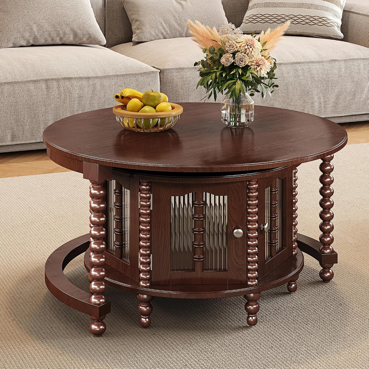 32" Vintage Designed Stacking Nesting Tables, Set of Nesting Tables with Hidden Storage Cabinet, Side Tables with Classic Retro Decor for Indoor Home Spaces, Walnut