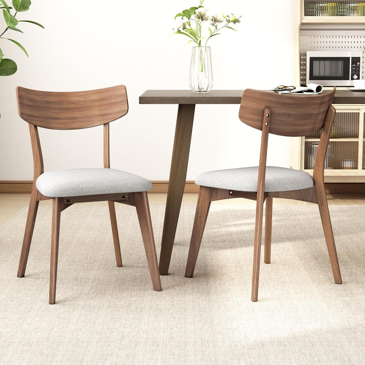 Dining Chairs Set of 2, Mid Century Modern Dining Chairs with Curved Backrest and Wood Legs, Walnut Finished Frame Upholstered Dining Room Chairs for Kitchen, Living Room (Beige)