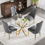 Glass Dining Table Set for 4, 5-Piece Round Tempered Glass Kitchen Table Set with 4 Velvet Upholstered Dining Chairs for Living Room, Kitchen, Small Apartment (Gold,Gray)