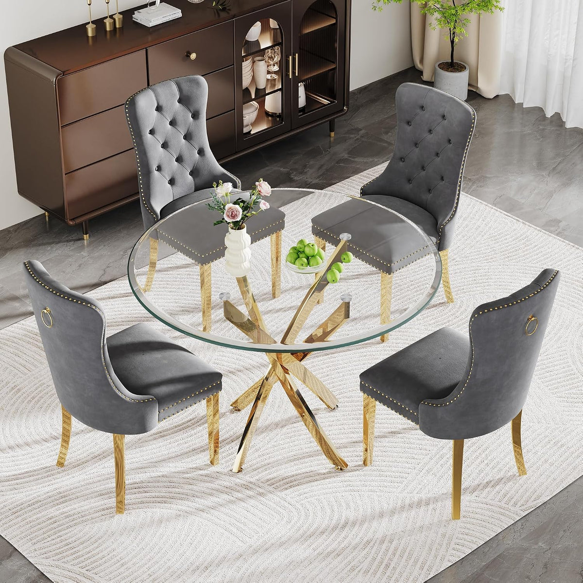 Glass Dining Table Set for 4, 5-Piece Round Tempered Glass Kitchen Table Set with 4 Velvet Upholstered Dining Chairs for Living Room, Kitchen, Small Apartment (Gold,Gray)