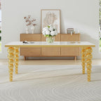 70" Rectangular Glass Dining Table for 6-8, White Tempered Glass Top with Gold Mirrored Stainless Steel Sphere Legs, Modern Luxury Dining Table for Kitchen and Dining Room