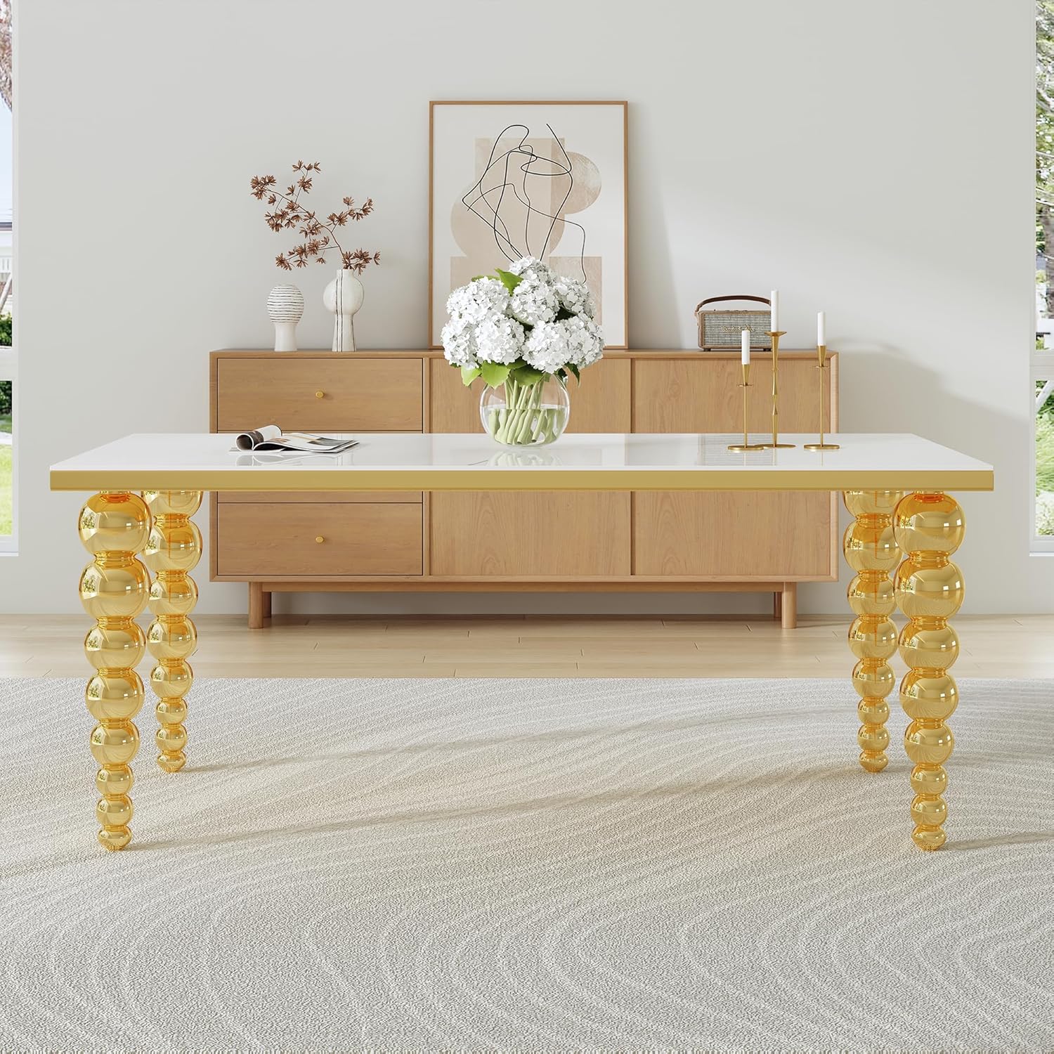 70" Rectangular Glass Dining Table for 6-8, White Tempered Glass Top with Gold Mirrored Stainless Steel Sphere Legs, Modern Luxury Dining Table for Kitchen and Dining Room