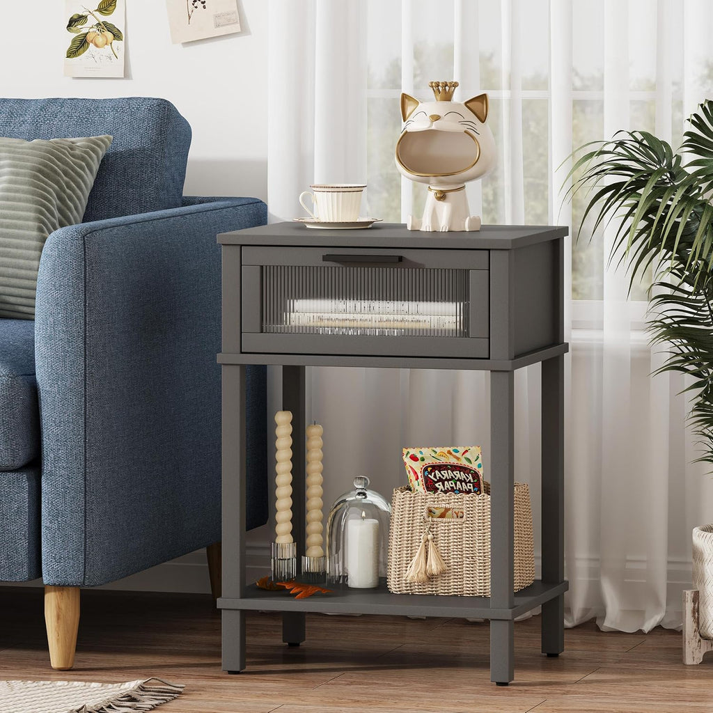 Nightstand Wooden Bedside Table with Drawer Grey Night Stands Modern Style Small End Table Side Table with Storage Shelf for Bedroom Living Room MLBZ10G