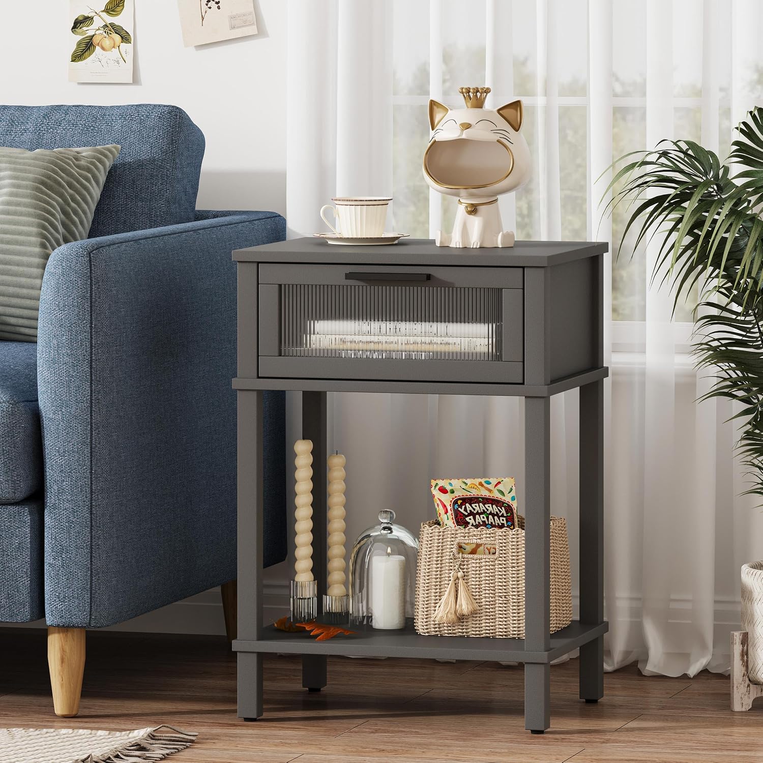 Nightstand Wooden Bedside Table with Drawer Grey Night Stands Modern Style Small End Table Side Table with Storage Shelf for Bedroom Living Room MLBZ10G
