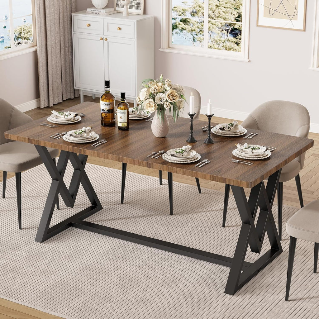 IRONCK 63" Dining Table for 4-6, Modern Rectangular Kitchen Table with Sturdy Metal Frame & Geometric Legs for Dining Room, Easy Clean-Brown