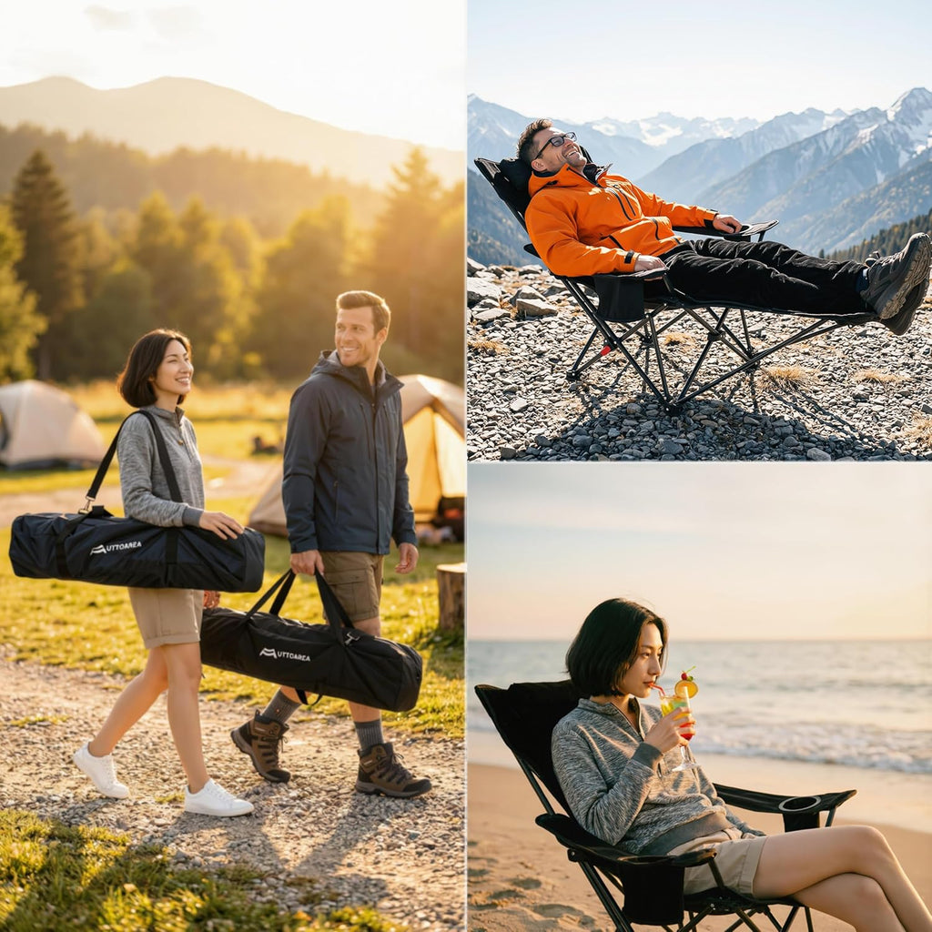 Portable Reclining Camping/Lounge Chair for Outdoor (1, Black) | Soft Cushion, 4-Position Backrest, Removable Footrest, Cup Holder & Versatile Carry Bag