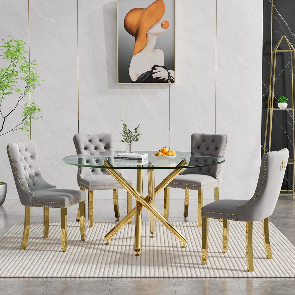 Round Glass Dining Table Set for 4, Small Kitchen Table Set for 4, 47" Circle Gold Glass Dinner Table for 4 with Grey Velvet Chairs, 5 Piece Dining Room Table Set for 4 for Breakfast Dinette Cafe