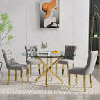 Round Glass Dining Table Set for 4, Small Kitchen Table Set for 4, 47" Circle Gold Glass Dinner Table for 4 with Grey Velvet Chairs, 5 Piece Dining Room Table Set for 4 for Breakfast Dinette Cafe