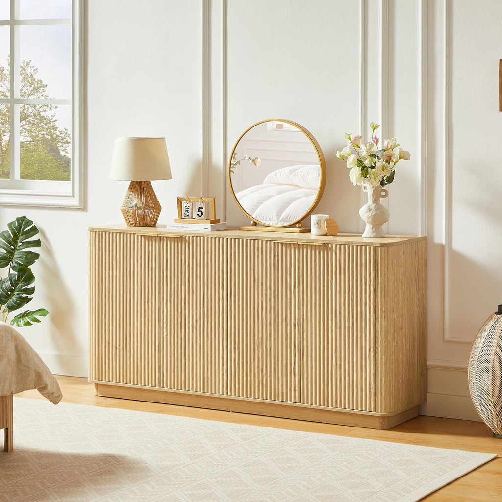 63" Oak Vertical Fluted Sideboard Buffet Cabinet - Modern Storage Cabinet with 4 Doors & Adjustable Shelves for Dining Room, Kitchen & Coffee Bar