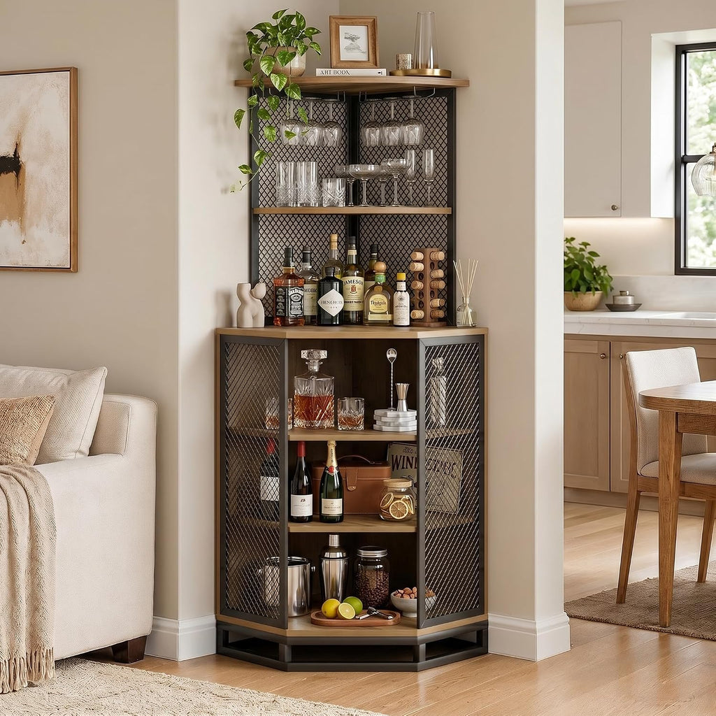 IBF 71 Inch Rustic Oak Farmhouse Tall Corner Bar Cabinet with Glass Holder | Sturdy 5-Tier Industrial Farmhouse Liquor Storage with Adjustble Shelf，Anti-Tipping Design for Home Kitchen Small Space
