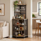 IBF 71 Inch Rustic Oak Farmhouse Tall Corner Bar Cabinet with Glass Holder | Sturdy 5-Tier Industrial Farmhouse Liquor Storage with Adjustble Shelf，Anti-Tipping Design for Home Kitchen Small Space