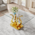 69" Glass Dining Table for 4-6, Luxury Rectangular Kitchen Table with Tempered Glass and Gold Petal-Shaped Base for Dining Room, Living Room
