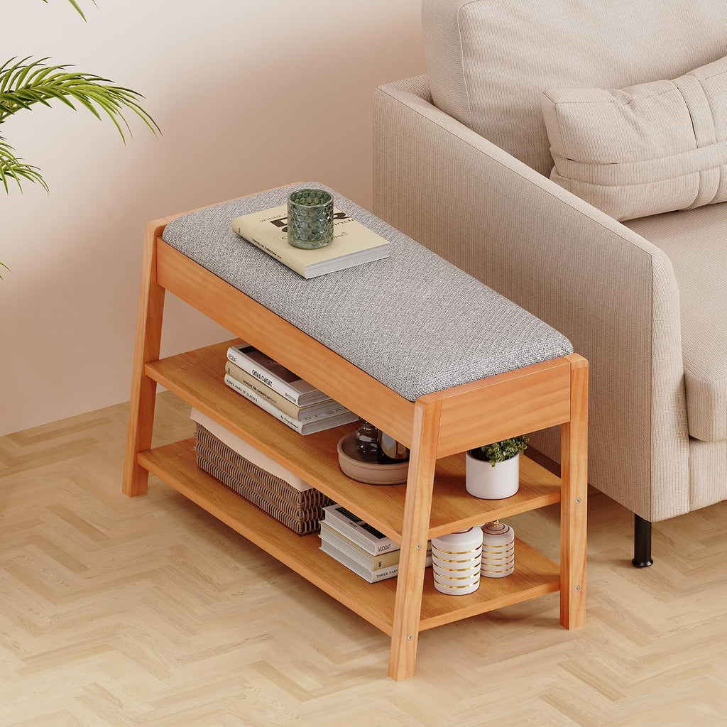 PARTPHONER Shoe Rack Bench with Storage, 2-Tier Solid Wood Entryway Bench with Cotton-Linen Cushion, Multipurpose Storage Organizer Bench for Bedroom, Hallway, Living Room, 31.5”