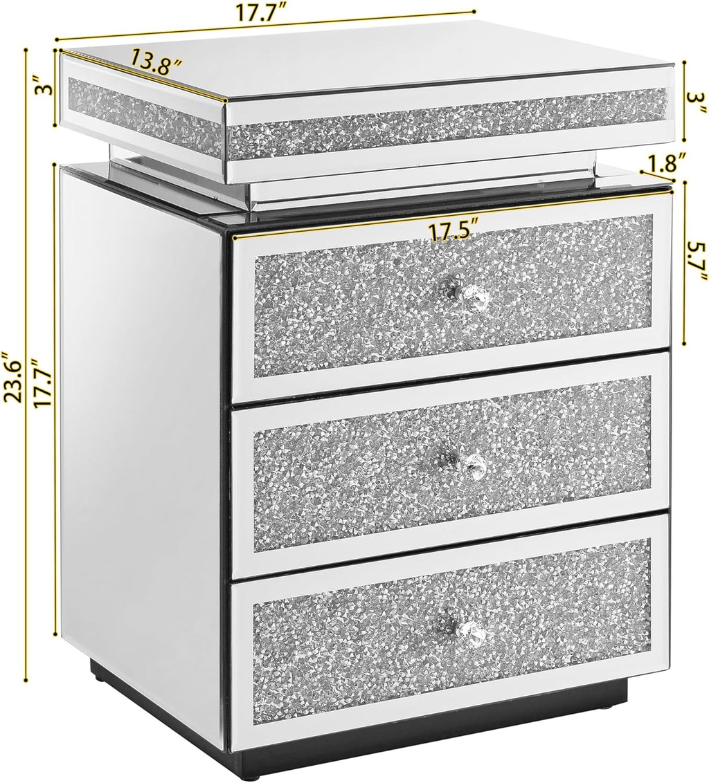 SSLine 3-Drawer Mirrored End Table,Mirrored Nightstand End Tables Bedside Table,Silver Finished Mirror Accent Side Table for Bedroom, Living Room, Entryway,Hallway