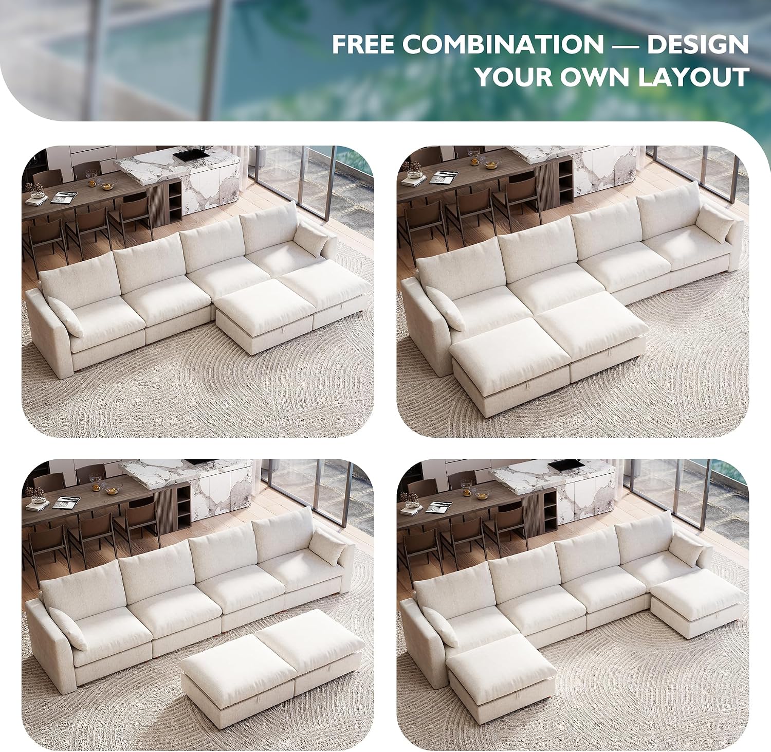 Ihanherry 152" Oversized Modular Sectional Sofa, Modern U Shaped Cloud Couch with 2 Storage Ottoman, 6-Seat Comfy Chenille Deep Seat Sofa with 2 Pillows for Living Room, Beige