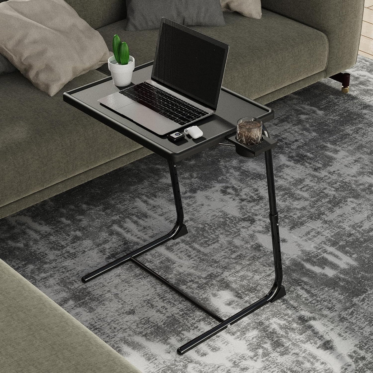Adjustable TV Tray Table for Breakfast & Dinner - Black Folding Couch Desk with Cup Holder, Portable Eating Tray for Sofa, Bed, Living Room - 6 Height & 3 Angle Adjustments
