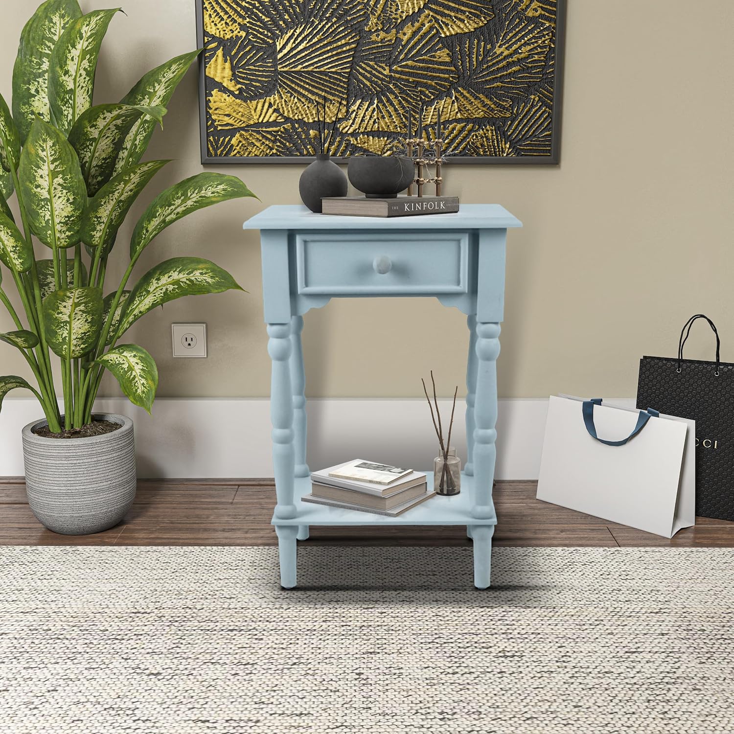 Decor Therapy Jane Nightstand Side Table with a Drawer, Shelf, Traditional Design, Ice Blue 17" D x 14" W x 26" H