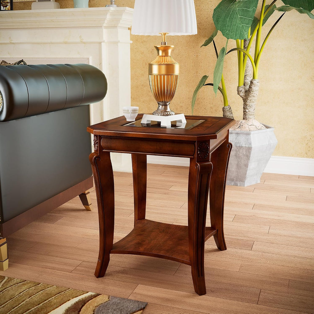 PADMA HOUSE Traditional Wood End Table with Glasstop and Curved Legs, Square Solid Wood Sofa Side Table with Storage Shelf, 2-Tier Glass Bedside Tables in Cherry for Living Room,19.7 * 19.7 * 23.8in