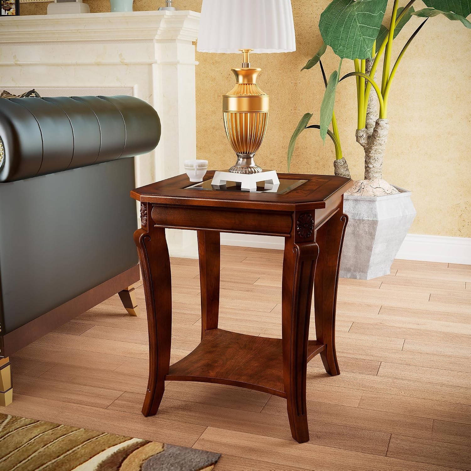PADMA HOUSE Traditional Wood End Table with Glasstop and Curved Legs, Square Solid Wood Sofa Side Table with Storage Shelf, 2-Tier Glass Bedside Tables in Cherry for Living Room,19.7 * 19.7 * 23.8in