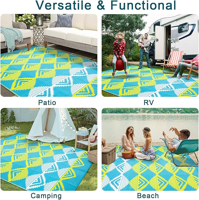Beeiva Outdoor Rugs 9x12 for Patios, Waterproof Reversible Plastic Straw Patio Mat, Modern Geometric Foldable Outdoor Rug for Camping, Porch, Deck, Backyard, Balcony, Picnic - Blue & Yellow