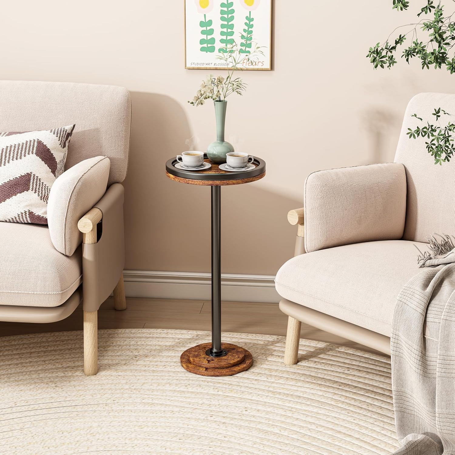 LINGMI Small Side Table, Round Martini Drink Table for Small Spaces, Modern Accent Stand with Solid Metal Leg, Nightstand with Weighted Base Pedestal for Living Room, Bedroom and Office