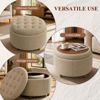 25" Round Ottoman with Storage, Small Coffee Table with Reversible Tray Lid | Tufted Fabric Round Storage Ottoman with Solid Wood Legs, 3-in-1 Footrest for Living Room, Bedroom, Entryway, Coffee