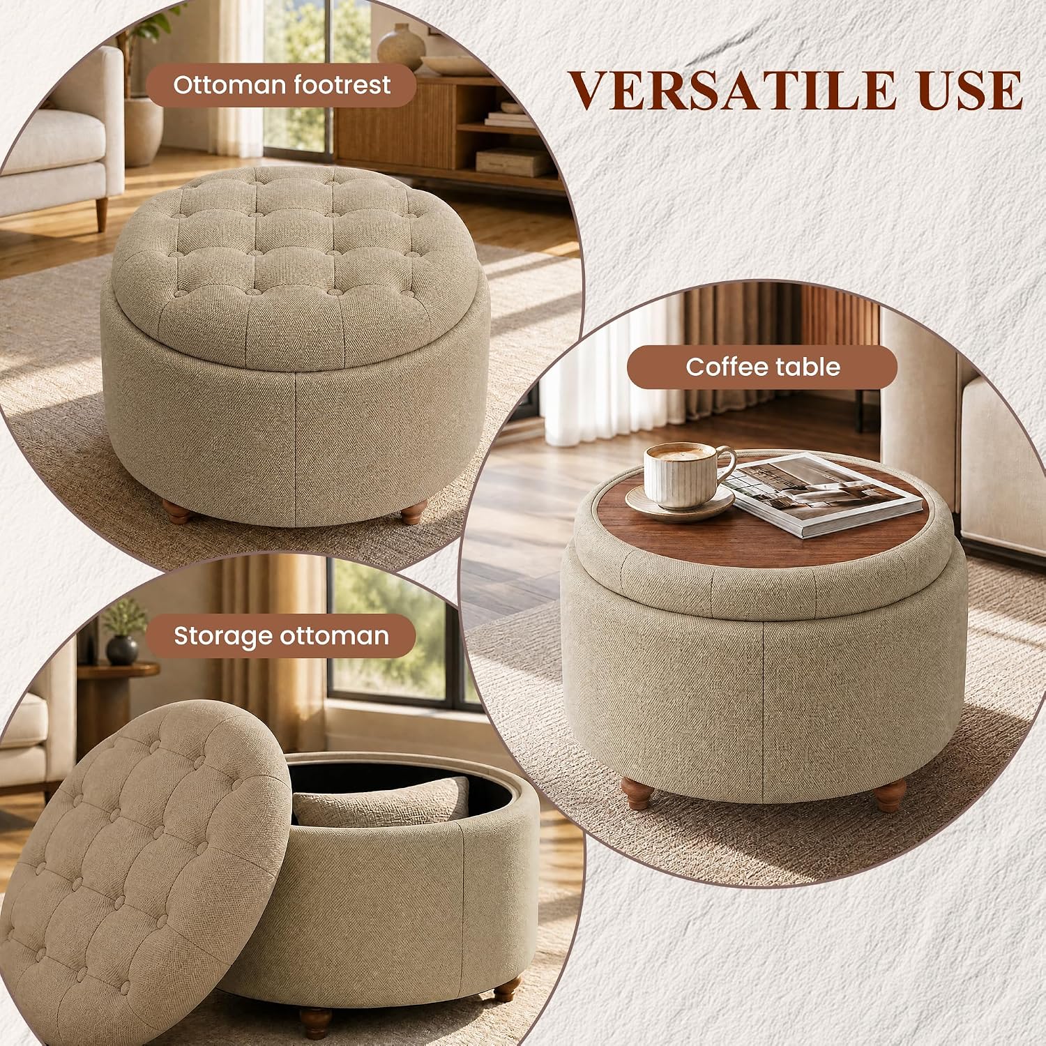 25" Round Ottoman with Storage, Small Coffee Table with Reversible Tray Lid | Tufted Fabric Round Storage Ottoman with Solid Wood Legs, 3-in-1 Footrest for Living Room, Bedroom, Entryway, Coffee