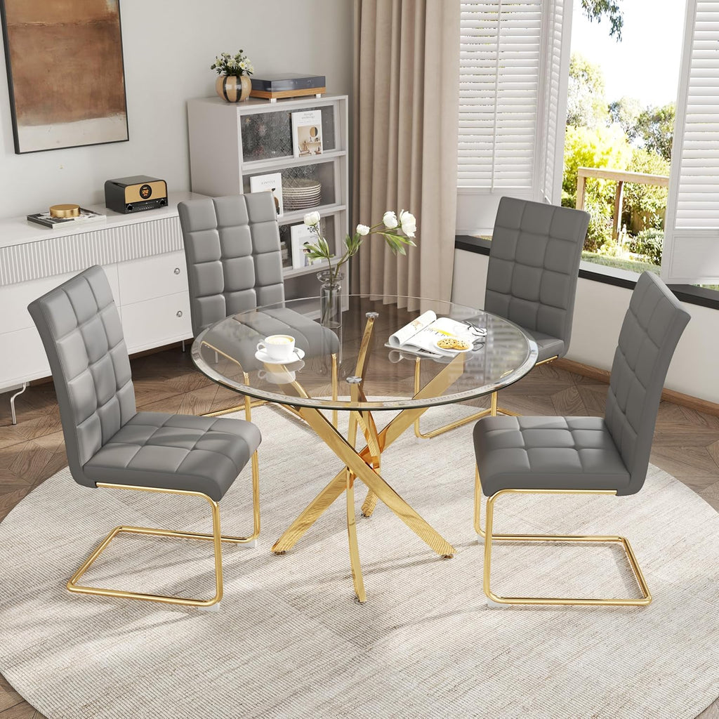 AF ARTISAN FURNITURE 5 Piece Round Glass Dining Table Set, Gold Glass Kitchen Table Set for 4 Modern Table Set with 4 Grey PU Upholstered Dining Chairs, for Small Space, Breakfast Nook